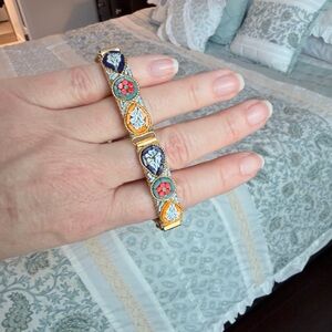 Vintage Italian Gold-Tone Floral Micro-Mosaic Link Bracelet in Blue and Coral